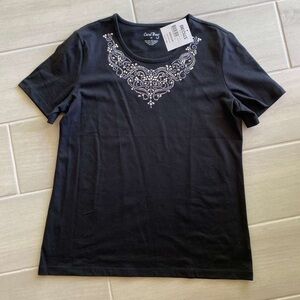 Coral Bay Womens Rhinestone Neckline Short Sleeve Shirt Size Medium Black